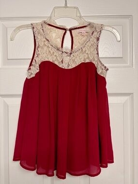 Lace Yoke Chiffon Tank Top - Red